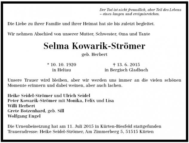 Herbert Selma 1920-2015 Todesanzeige SBZ